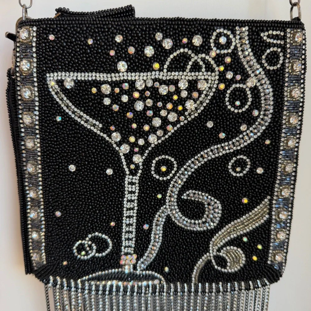 Mary Frances Touch of Bubbly Beaded Bag‎ Black Rhinestone Fringe Novelty Purse